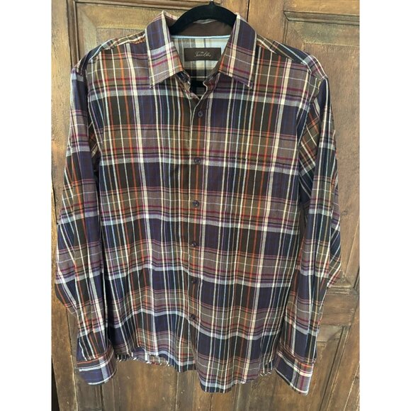 Tasso Elba Shirt Mens 15 15.5 Medium Brown Combo Plaid Button Up Long Sleeve - Picture 2 of 6